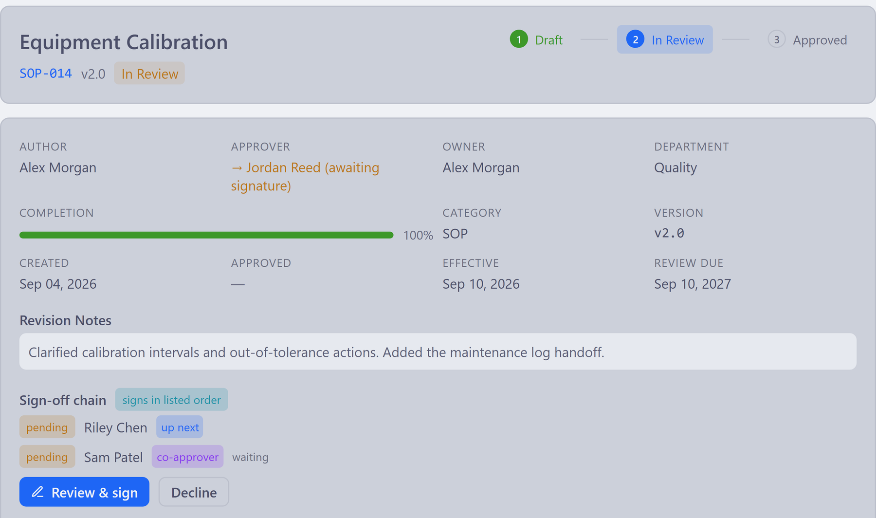 Azora internal approval view for a separate fictional calibration SOP, with pending reviewers